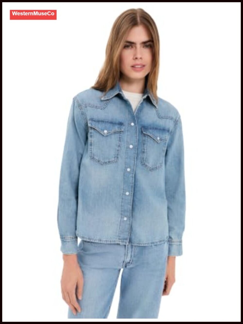 Oversized Western Denim Button-Down Shirt Snap Placket Long Sleeve